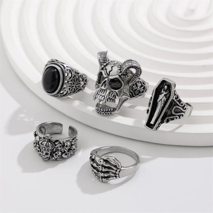 Killstar Gothic Punk Skull Rings for Men's Adjustable Opening Finger Ring Coffin Mummy Vampire Jewelry Creative Gifts Halloween Cosplay Skull Gothic