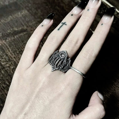 The Great Frog Retro Burnt Gothic Cathedral Open Ring For Men Silver plated Copper Dark Gothic Punk Edgy Indie Jewelry Niche Accessories Gift Gothic Silver Silver