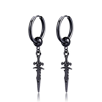 Dark in Love Gothic Sword Drop Earrings Surgical Steel Black Punk Ear Hoops with Long Dangle Grunge Hip Hop Stainless Steel Rings Gothic Steel Stainless Steel Black