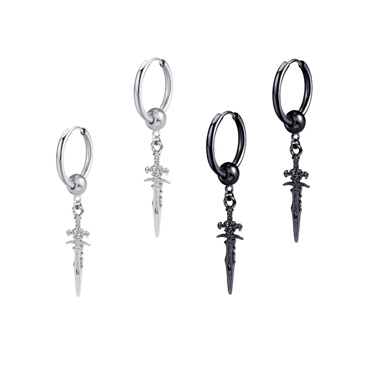 Dark in Love Gothic Sword Drop Earrings Surgical Steel Black Punk Ear Hoops with Long Dangle Grunge Hip Hop Stainless Steel Rings Gothic Steel Stainless Steel Black