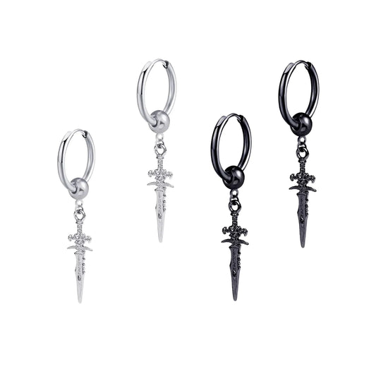 Dark in Love Gothic Sword Drop Earrings Surgical Steel Black Punk Ear Hoops with Long Dangle Grunge Hip Hop Stainless Steel Rings Gothic Steel Stainless Steel Black