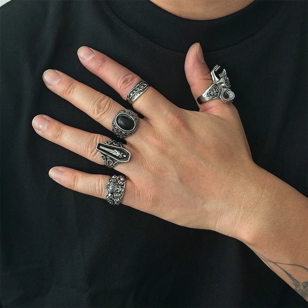 Killstar Gothic Punk Skull Rings for Men's Adjustable Opening Finger Ring Coffin Mummy Vampire Jewelry Creative Gifts Halloween Cosplay Skull Gothic
