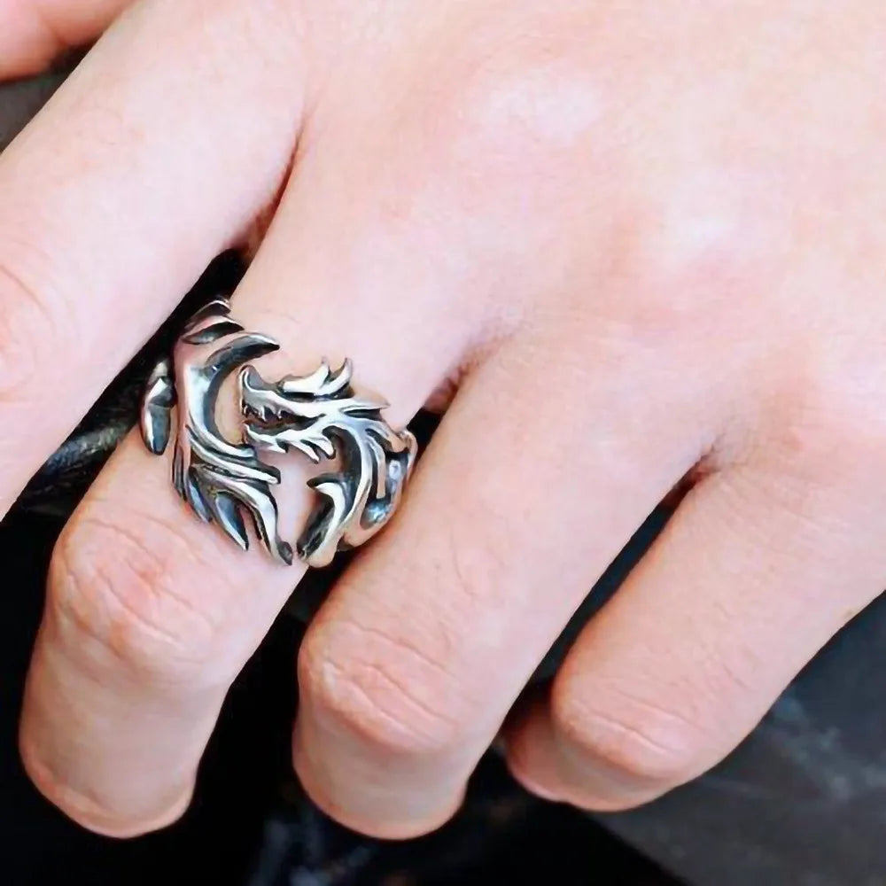 Punk Rave Goth Double Layer Dragon Couple Rings Fashion Retro Stainless Steel Thorns Punk Open Ring for Men Women Y2k Finger Jewelry Dragon Steel Stainless Steel