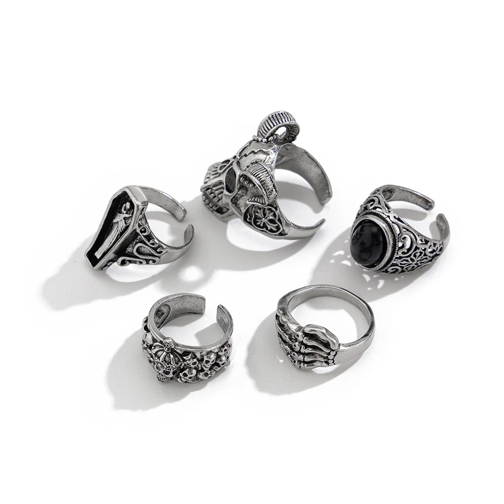 Killstar Gothic Punk Skull Rings for Men's Adjustable Opening Finger Ring Coffin Mummy Vampire Jewelry Creative Gifts Halloween Cosplay Skull Gothic