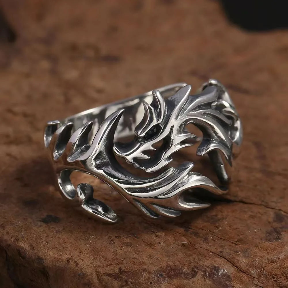 Punk Rave Goth Double Layer Dragon Couple Rings Fashion Retro Stainless Steel Thorns Punk Open Ring for Men Women Y2k Finger Jewelry Dragon Steel Stainless Steel