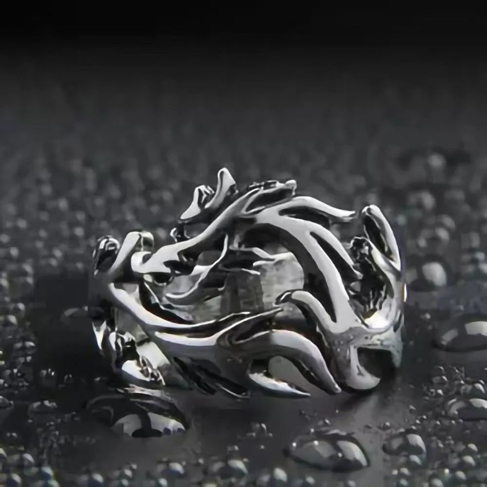 Punk Rave Goth Double Layer Dragon Couple Rings Fashion Retro Stainless Steel Thorns Punk Open Ring for Men Women Y2k Finger Jewelry Dragon Steel Stainless Steel