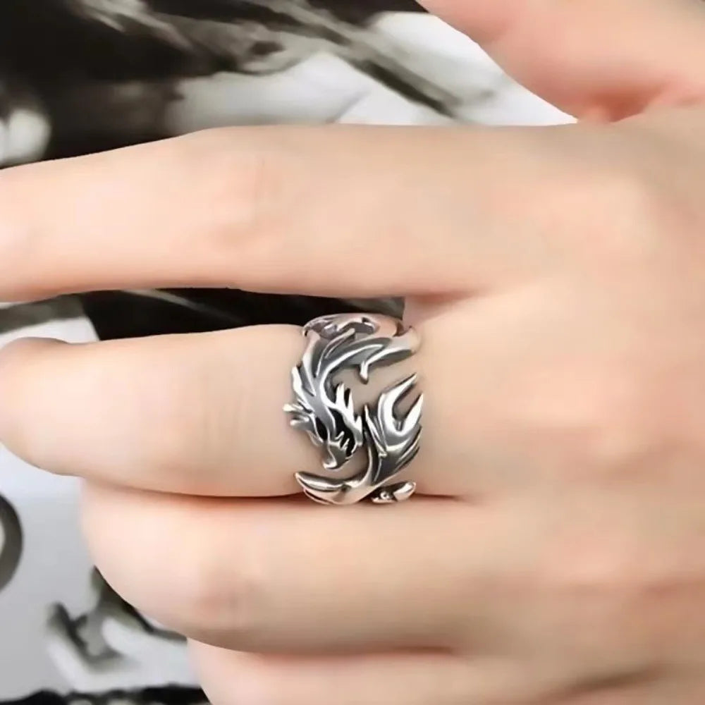 Punk Rave Goth Double Layer Dragon Couple Rings Fashion Retro Stainless Steel Thorns Punk Open Ring for Men Women Y2k Finger Jewelry Dragon Steel Stainless Steel