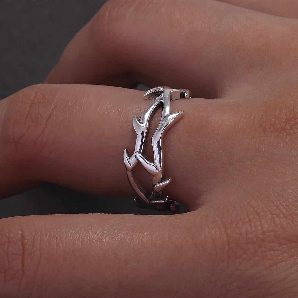 Disturbia 925 Sterling Silver Gothic Thorn Couple Rings for Women Men Punk Retro Cool Spiky Finger Ring Adjustable Hip hop Y2k Jewelry Gothic Silver Silver