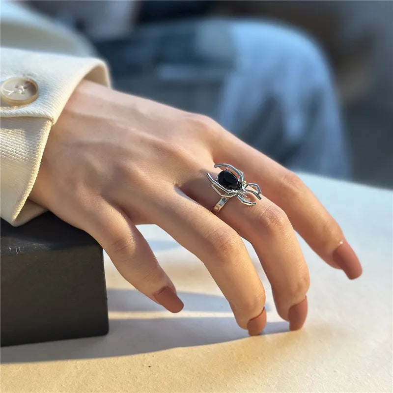 Killstar Gothic Punk Irregular Spider Opening Ring Women Men Fashion Zircon Black Crystal Dark Animal Ring Hip Hop Party Finger Jewelry Gothic Black