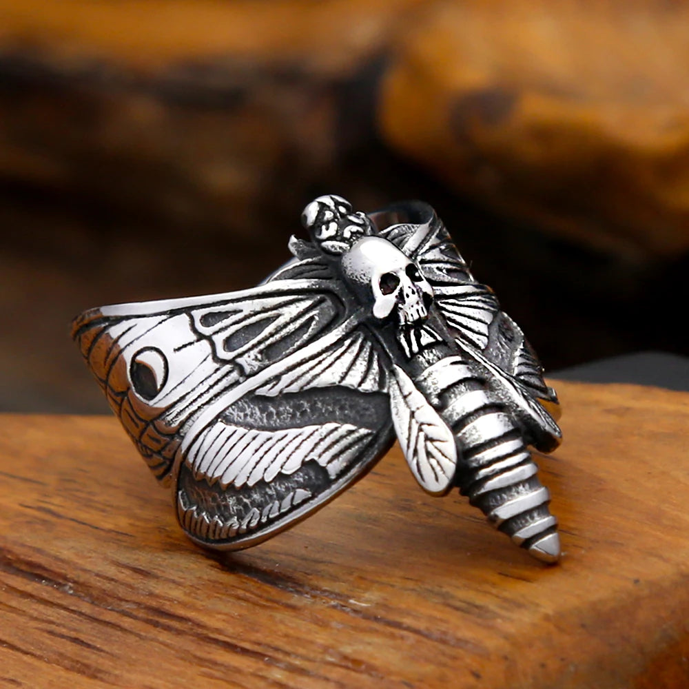 Rogue + Wolf Gothic Fashion Skull Moth Ring For Men Women Stainless Steel Punk Animal Ring Unique Biker Amulet Jewelry Gifts Dropshipping Skull Gothic Wolf Steel Stainless Steel