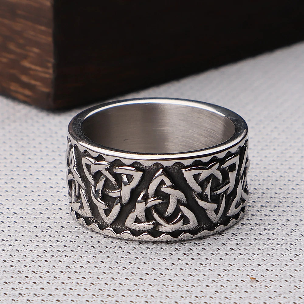 The Great Frog 10MM Wide Nordic Viking Celtic Rings Stainless Steel Punk Fashion Viking Trinity Ring for Men Women Amulet Jewelry Wholesale Steel Stainless Steel
